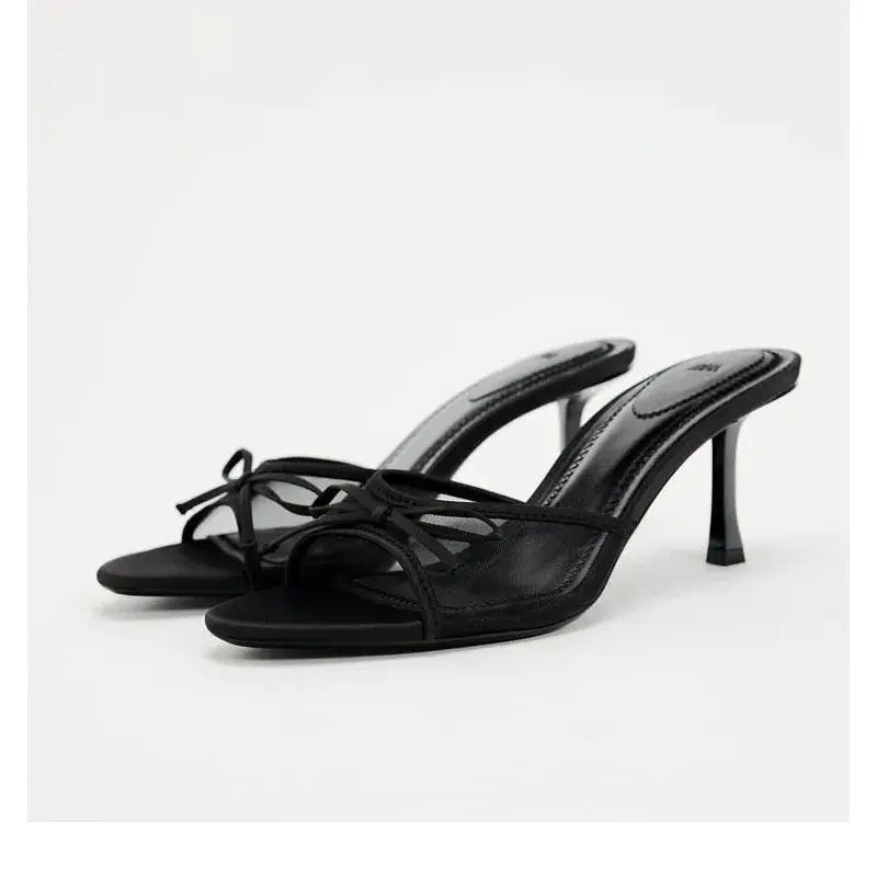 Women Heels Sandals Fashion Heel Slippers Lace Mesh Bow Luxury Sandals Natalia Home Fashion black-42 Natalia Home Fashion