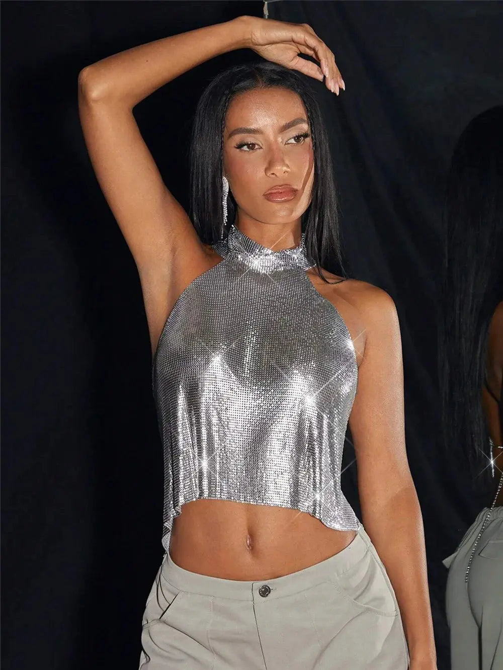 Women Metal Sequins High Collar Halter Neck Tank Top Sexy Backless Off The Shoulder Camisole Vocal Concert Party Crop Top Natalia Home Fashion Natalia Home Fashion