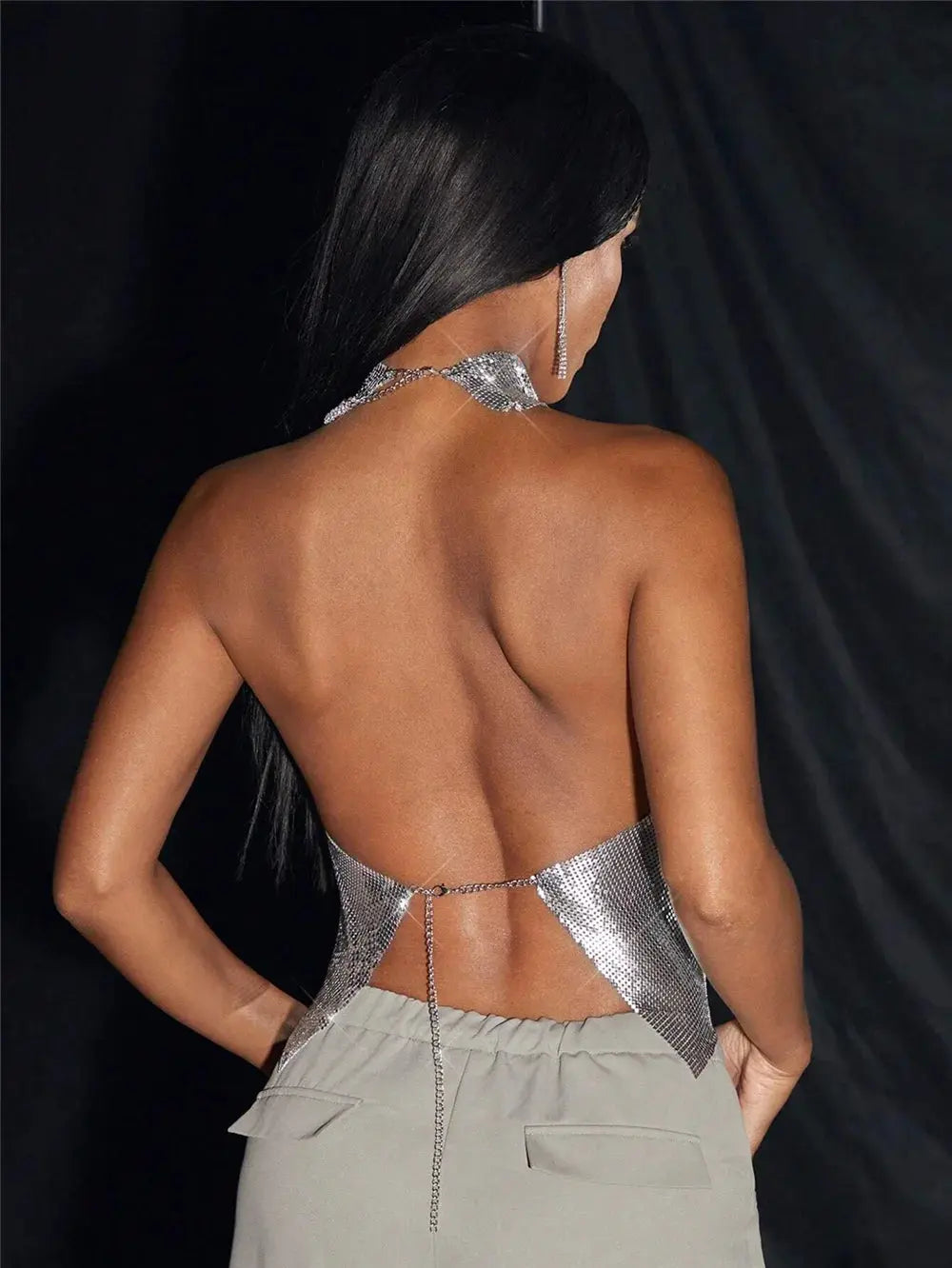 Women Metal Sequins High Collar Halter Neck Tank Top Sexy Backless Off The Shoulder Camisole Vocal Concert Party Crop Top Natalia Home Fashion Natalia Home Fashion