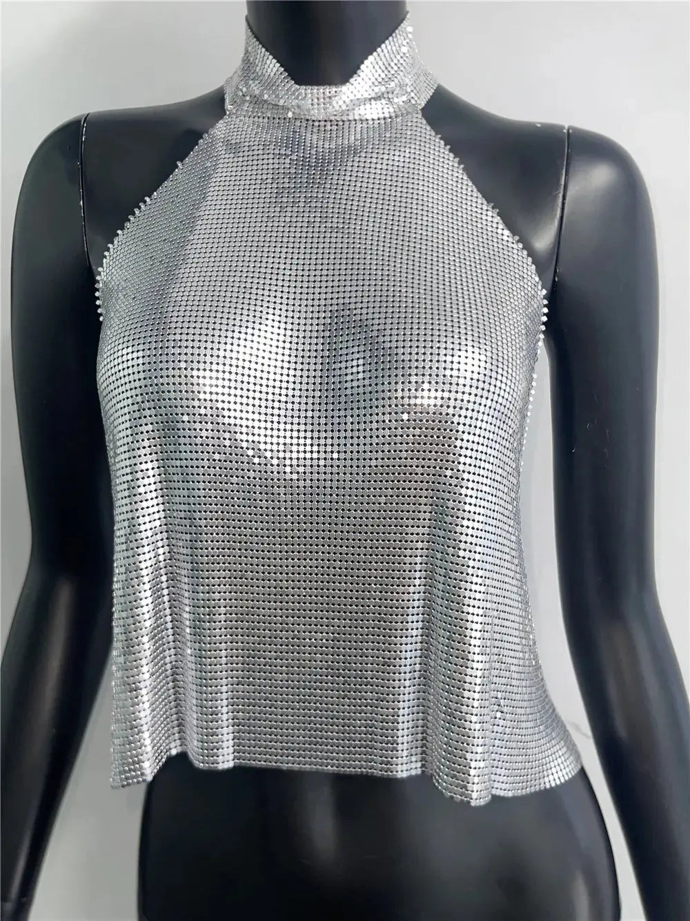 Women Metal Sequins High Collar Halter Neck Tank Top Sexy Backless Off The Shoulder Camisole Vocal Concert Party Crop Top Natalia Home Fashion Natalia Home Fashion