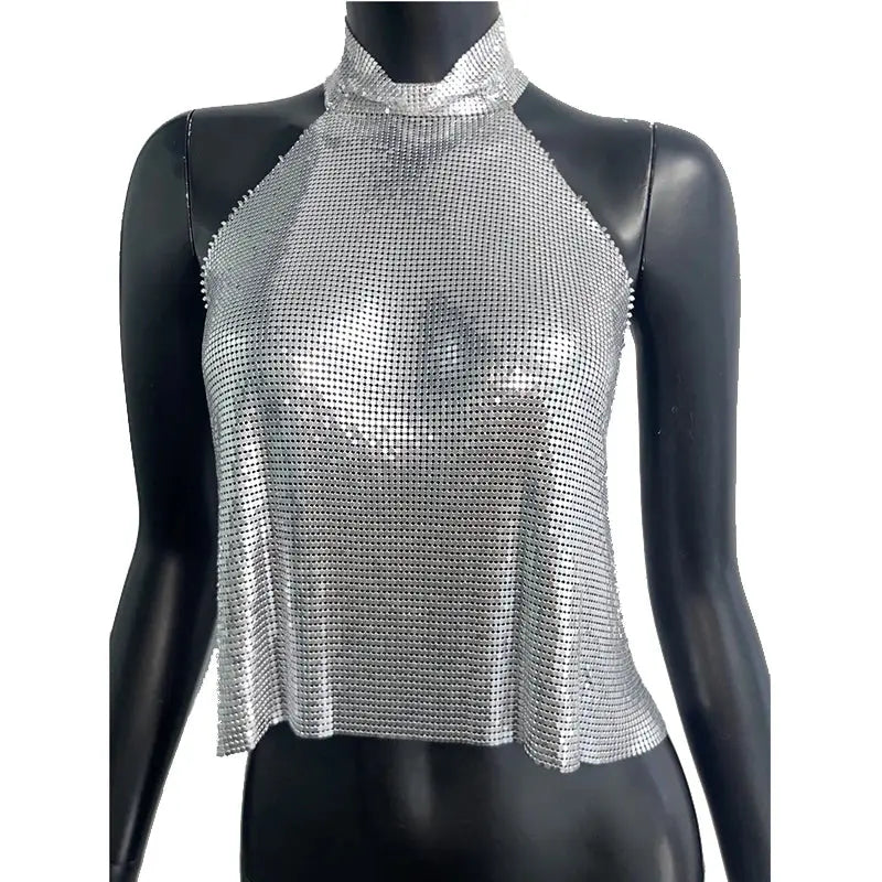 Women Metal Sequins High Collar Halter Neck Tank Top Sexy Backless Off The Shoulder Camisole Vocal Concert Party Crop Top Natalia Home Fashion Silver-L Natalia Home Fashion