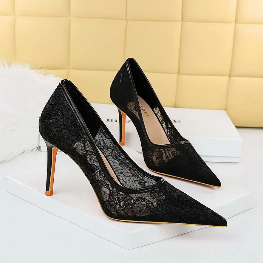 Women Pumps Luxury Mesh Lace Pointed-toe Shoes Wrap-toe Shallow High Heel Pumps For Ladies Annual Meeting Nightclub Shoes My Store