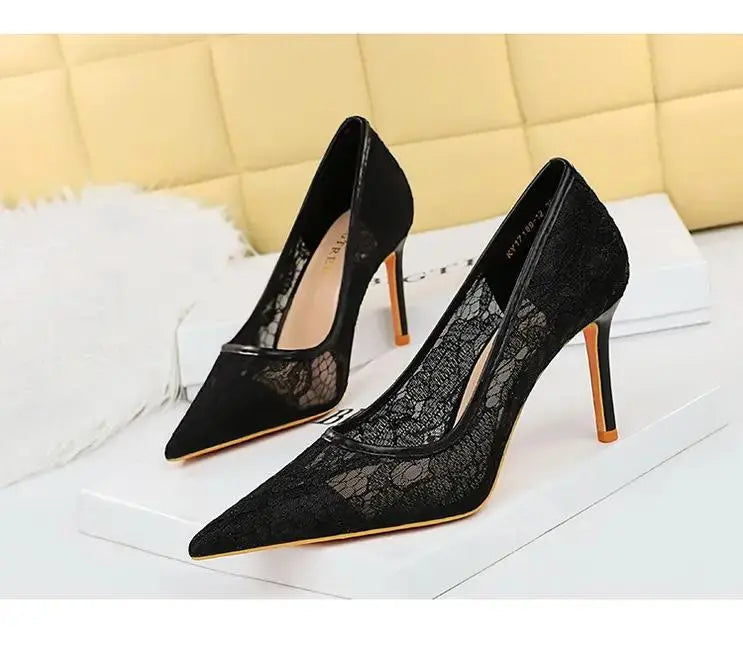 Women Pumps Luxury Mesh Lace Pointed-toe Shoes Wrap-toe Shallow High Heel Pumps For Ladies Annual Meeting Nightclub Shoes My Store