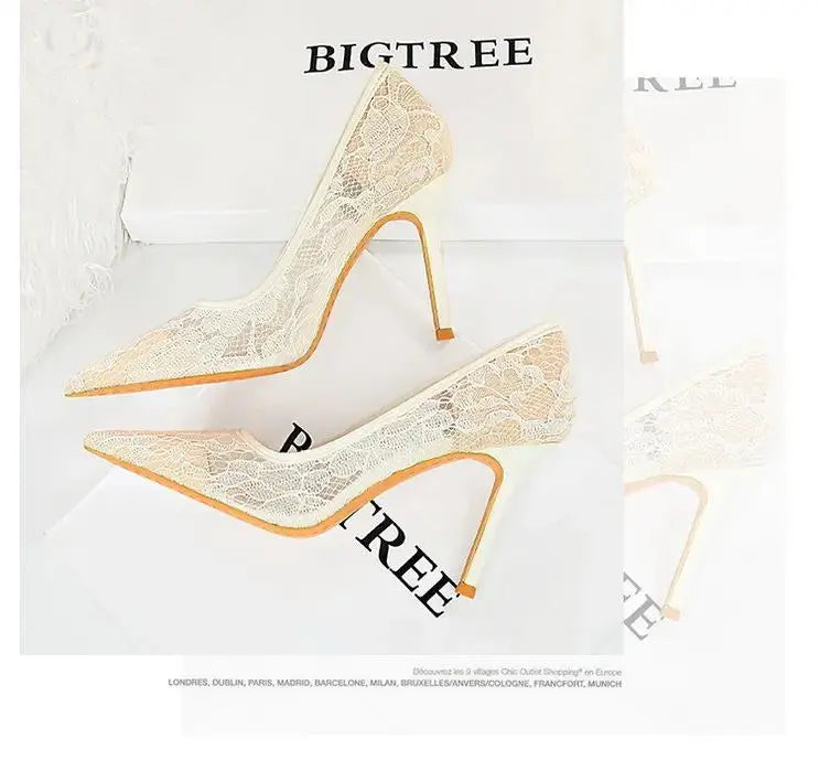 Women Pumps Luxury Mesh Lace Pointed-toe Shoes Wrap-toe Shallow High Heel Pumps For Ladies Annual Meeting Nightclub Shoes My Store