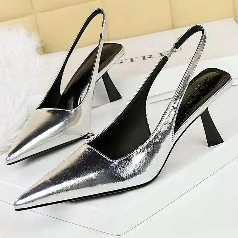 Women Sandals Patent Leather Heels Ladies Shoes Hollow Back Strap Sandals Women Sandals Party Shoes Natalia Home Fashion Silver-36 Natalia Home Fashion
