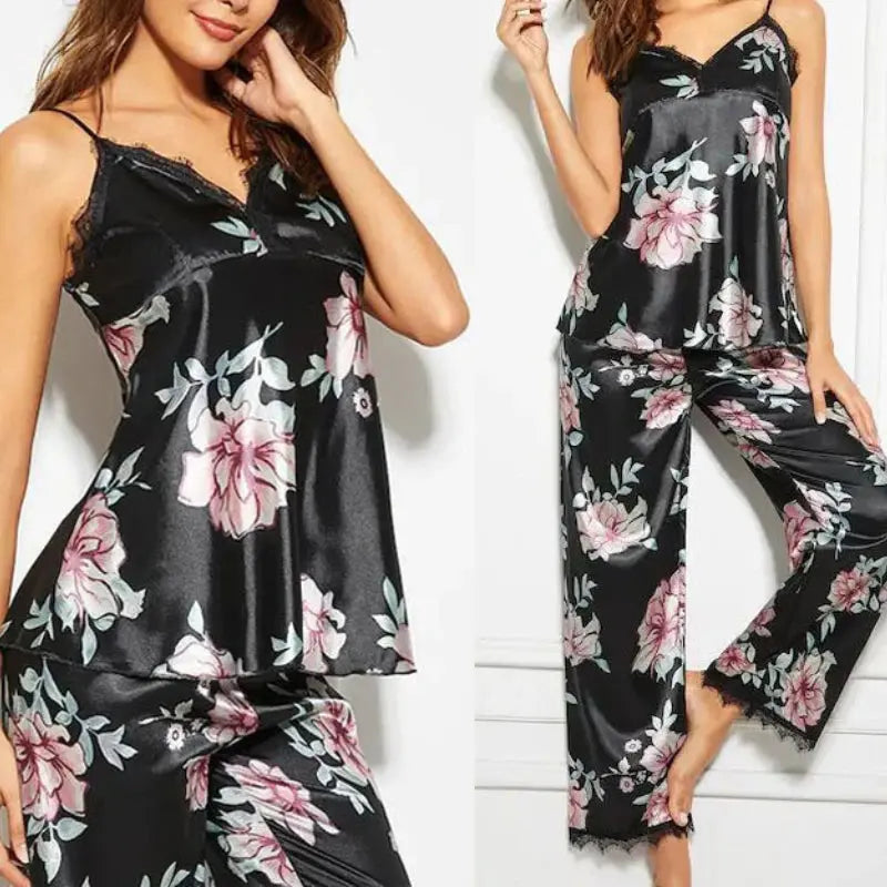 Women Satin Sleepwear Suit Lace Trim Pajama Pyjama Set Print Floral Nightwear Underwear Casual Home Wear Lingerie Suit Nightgown Natalia Home Fashion Natalia Home Fashion