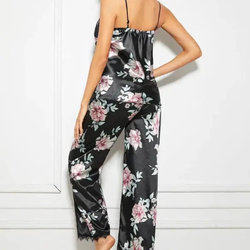 Women Satin Sleepwear Suit Lace Trim Pajama Pyjama Set Print Floral Nightwear Underwear Casual Home Wear Lingerie Suit Nightgown Natalia Home Fashion Natalia Home Fashion