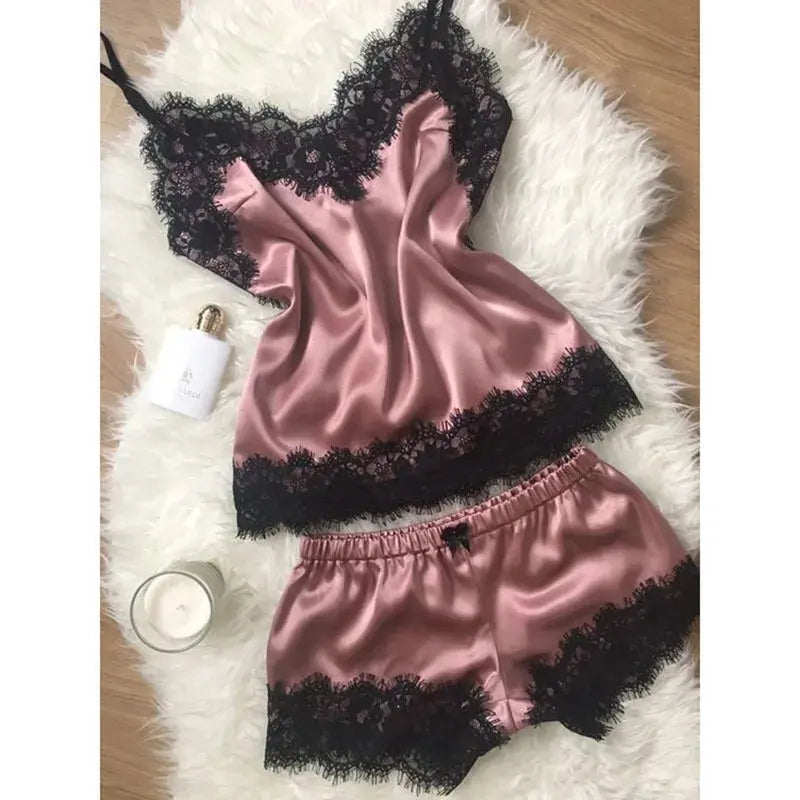 Women Satin Sleepwear Suit Lace Trim Pajama Pyjama Set Print Floral Nightwear Underwear Casual Home Wear Lingerie Suit Nightgown Natalia Home Fashion Natalia Home Fashion