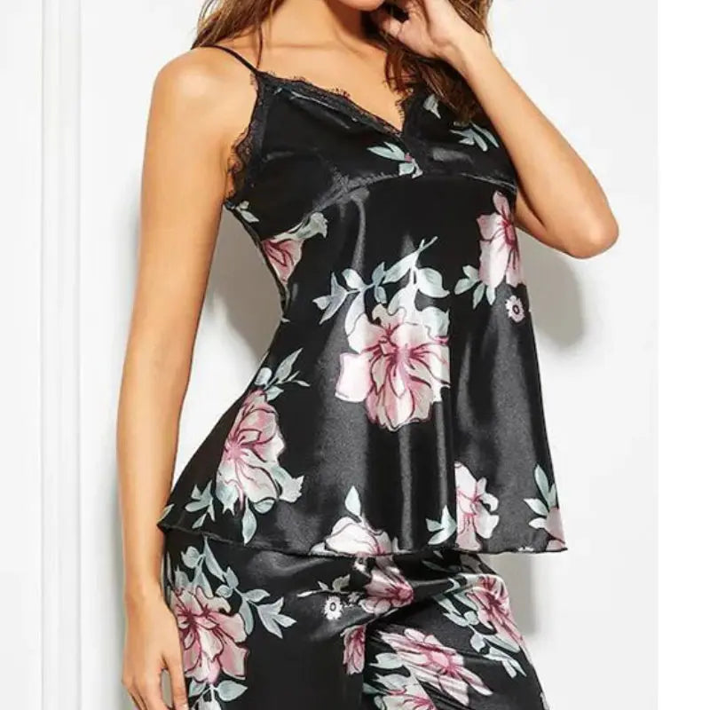 Women Satin Sleepwear Suit Lace Trim Pajama Pyjama Set Print Floral Nightwear Underwear Casual Home Wear Lingerie Suit Nightgown Natalia Home Fashion 1-XL Natalia Home Fashion