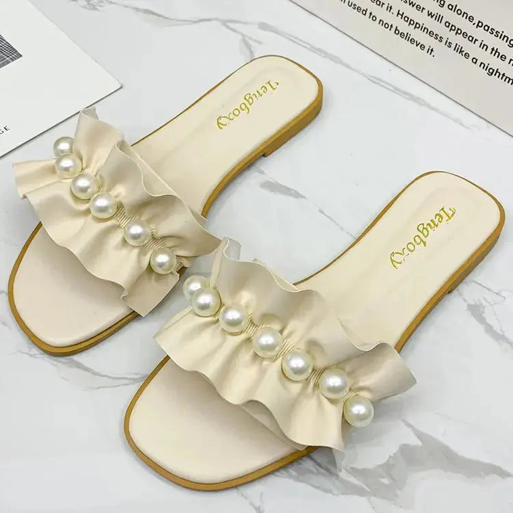 Women Slides Faux Pearl Decor Ruffle Trim Sandals Open Toe Wear-resistant Flat Slippers Summer Sandy Beach Sandals Women Shoes Natalia Home Fashion Beige-36 Natalia Home Fashion