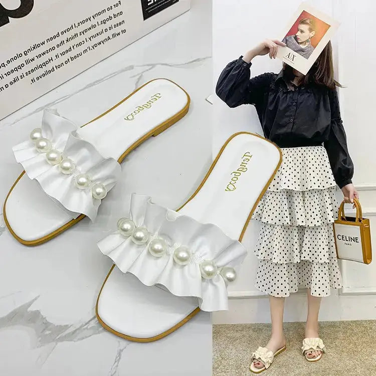 Women Slides Faux Pearl Decor Ruffle Trim Sandals Open Toe Wear-resistant Flat Slippers Summer Sandy Beach Sandals Women Shoes Natalia Home Fashion White-42 Natalia Home Fashion
