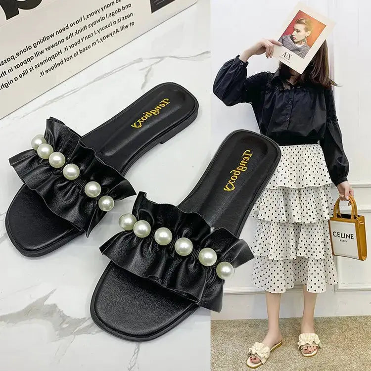 Women Slides Faux Pearl Decor Ruffle Trim Sandals Open Toe Wear-resistant Flat Slippers Summer Sandy Beach Sandals Women Shoes Natalia Home Fashion Natalia Home Fashion