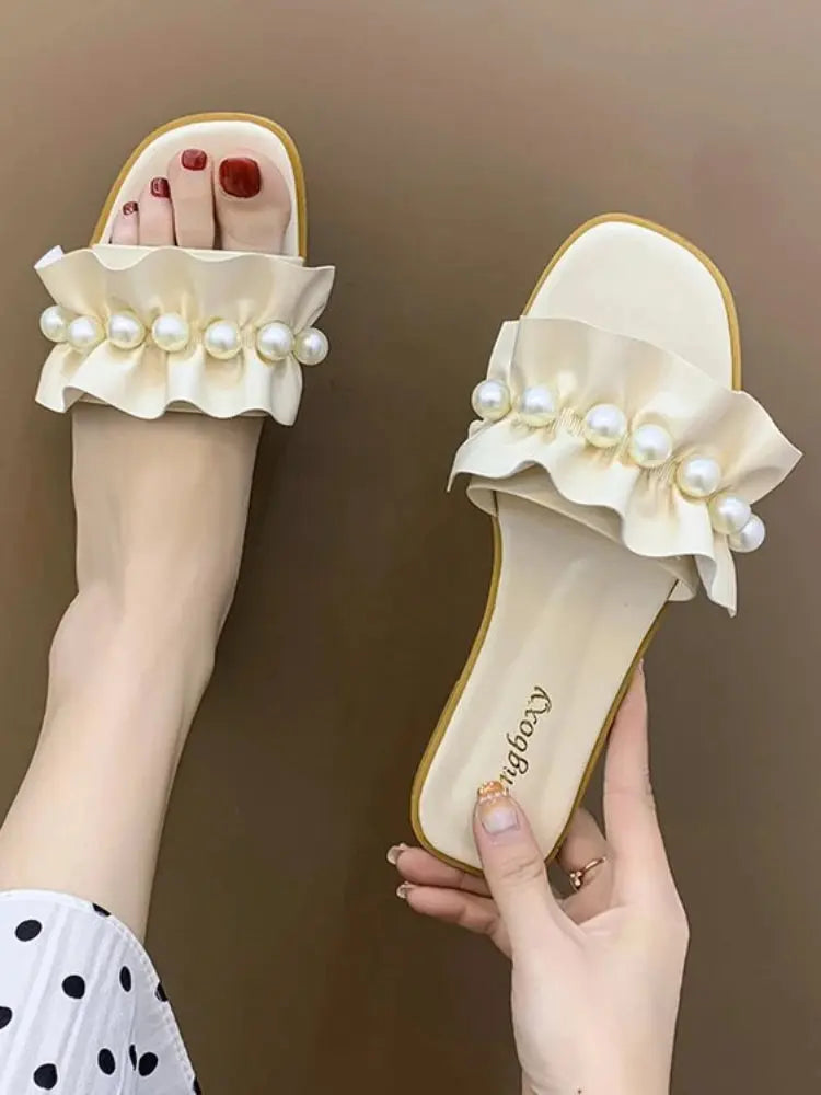 Women Slides Faux Pearl Decor Ruffle Trim Sandals Open Toe Wear-resistant Flat Slippers Summer Sandy Beach Sandals Women Shoes Natalia Home Fashion Natalia Home Fashion