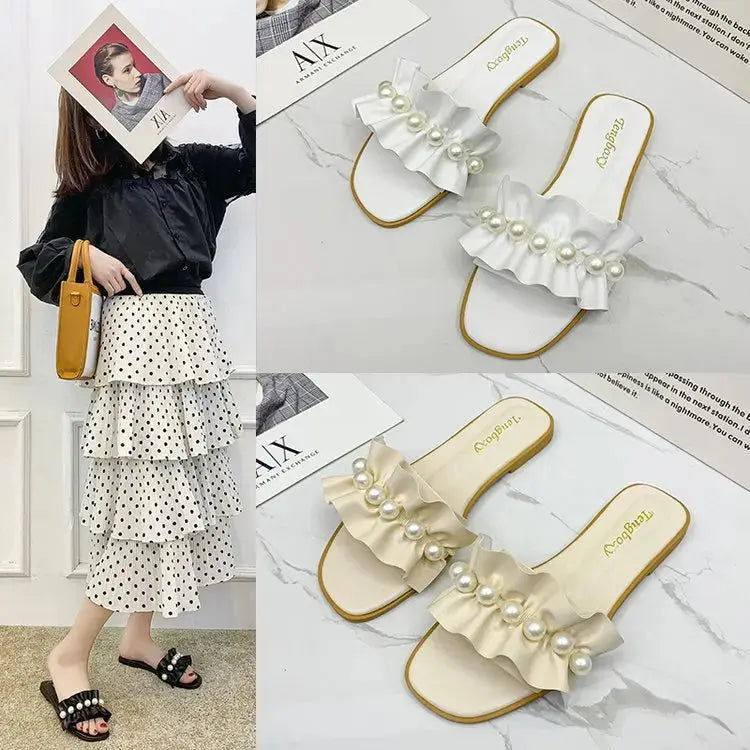 Women Slides Faux Pearl Decor Ruffle Trim Sandals Open Toe Wear-resistant Flat Slippers Summer Sandy Beach Sandals Women Shoes Natalia Home Fashion Natalia Home Fashion