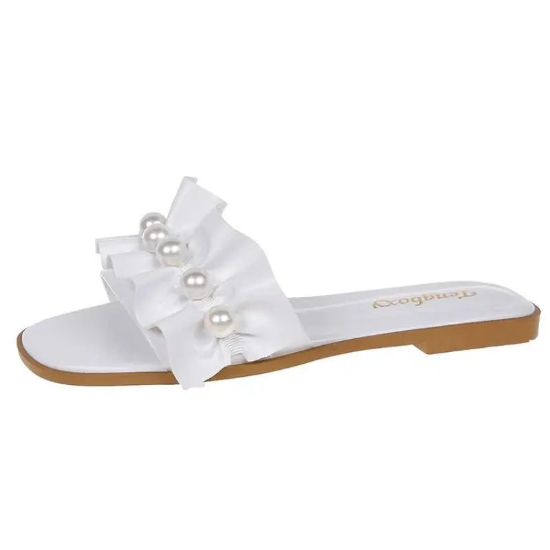 Women Slides Faux Pearl Decor Ruffle Trim Sandals Open Toe Wear-resistant Flat Slippers Summer Sandy Beach Sandals Women Shoes Natalia Home Fashion Natalia Home Fashion