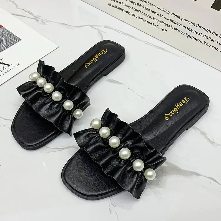 Women Slides Faux Pearl Decor Ruffle Trim Sandals Open Toe Wear-resistant Flat Slippers Summer Sandy Beach Sandals Women Shoes Natalia Home Fashion black-42 Natalia Home Fashion