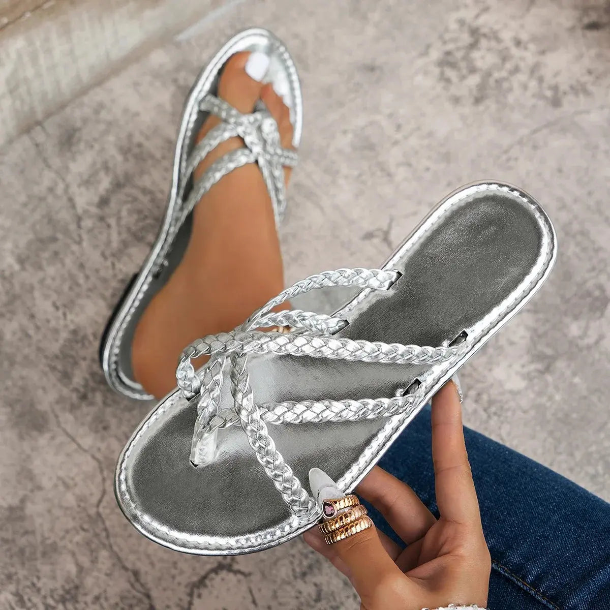 Women Square Toe Slippers Fashion Ladies Fashion Flip Flops Woman Clip Toe Slides Flats Female Comfortable Beach Shoes Women Natalia Home Fashion Silver-39 Natalia Home Fashion