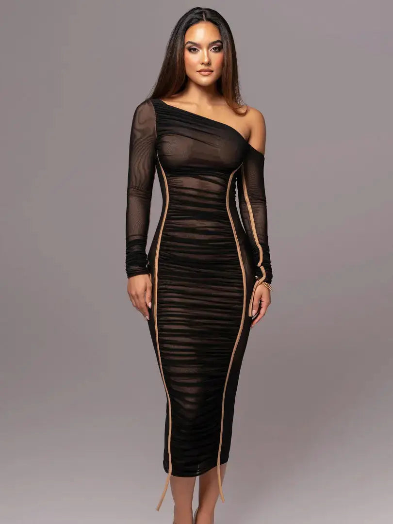 Women Two Layer Mesh Backless Ruched Bodycon Club Party Sexy Long Dress Diagonal Collar Long Sleeve Midi Dress My Store
