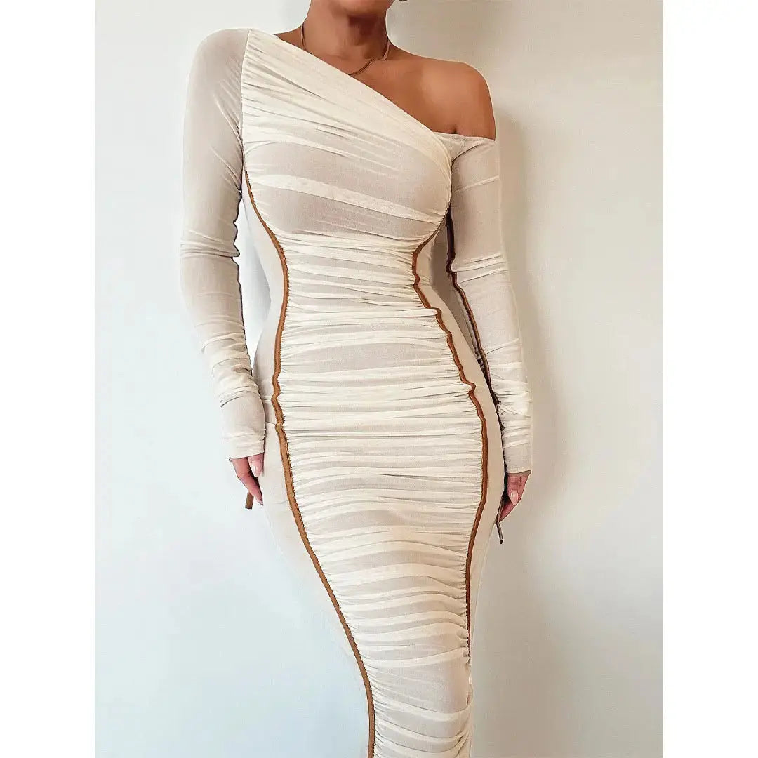 Women Two Layer Mesh Backless Ruched Bodycon Club Party Sexy Long Dress Diagonal Collar Long Sleeve Midi Dress My Store