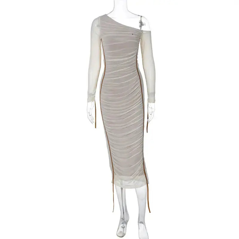 Women Two Layer Mesh Backless Ruched Bodycon Club Party Sexy Long Dress Diagonal Collar Long Sleeve Midi Dress My Store