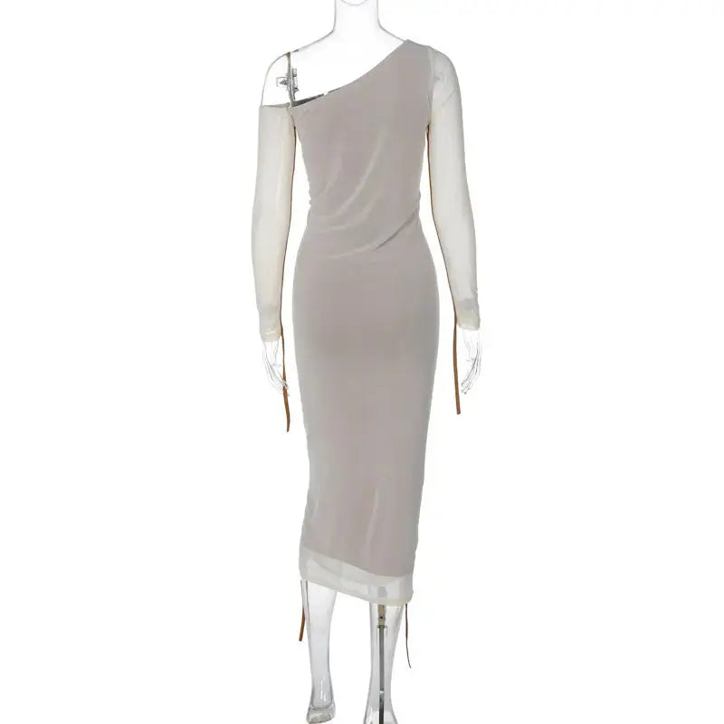 Women Two Layer Mesh Backless Ruched Bodycon Club Party Sexy Long Dress Diagonal Collar Long Sleeve Midi Dress My Store