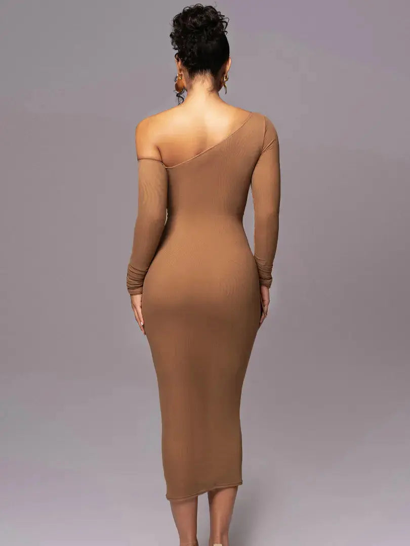 Women Two Layer Mesh Backless Ruched Bodycon Club Party Sexy Long Dress Diagonal Collar Long Sleeve Midi Dress My Store