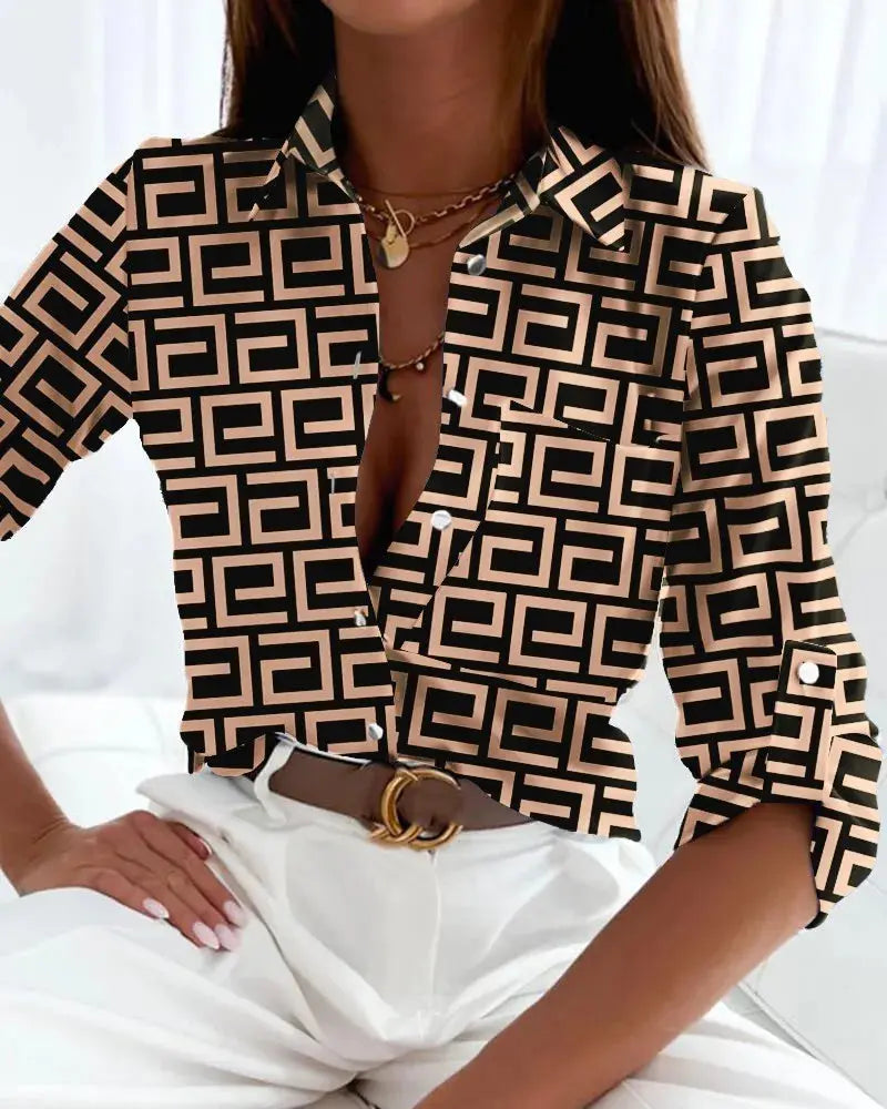 Women's Office Top Long Sleeve Shirt Printed Fashion Casual Flower Polo Shirt Women Natalia Home Fashion Natalia Home Fashion
