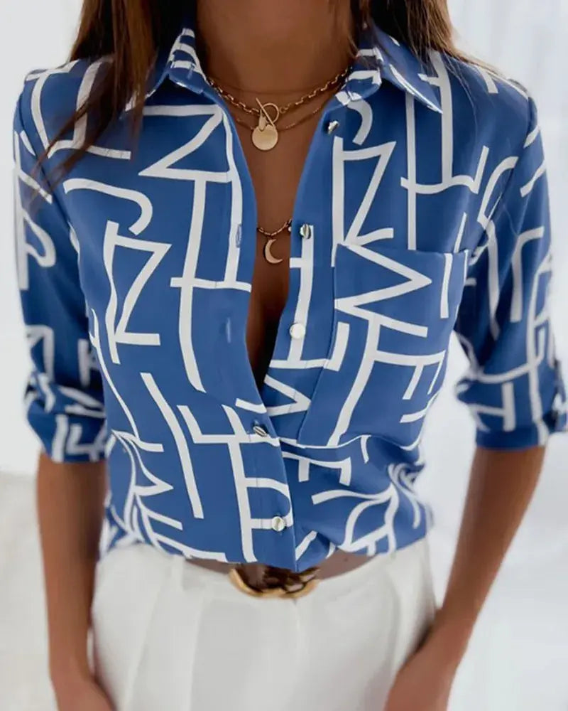 Women's Office Top Long Sleeve Shirt Printed Fashion Casual Flower Polo Shirt Women Natalia Home Fashion D-S Natalia Home Fashion