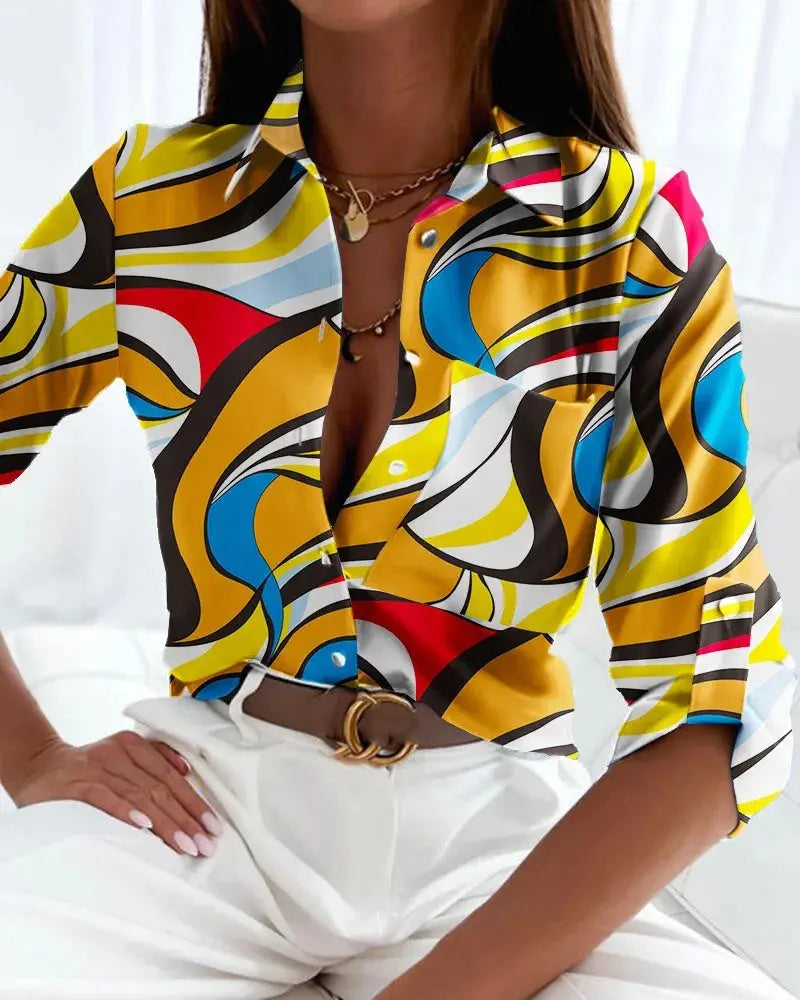 Women's Office Top Long Sleeve Shirt Printed Fashion Casual Flower Polo Shirt Women Natalia Home Fashion A-S Natalia Home Fashion