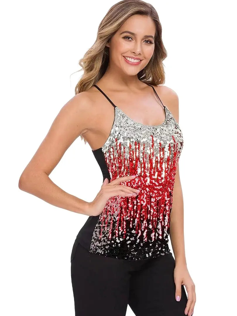 Women’s Sequin Tops Glitter Party Strappy Tank Top Sparkle Scoop Neck Sleeveless Adjustable Straps Gradient Cami Club Disco Natalia Home Fashion silver-red-black-L Natalia Home Fashion