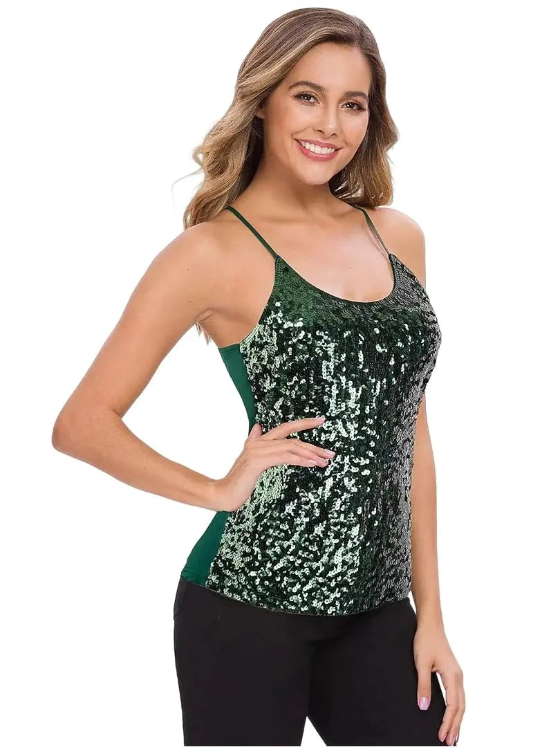 Women’s Sequin Tops Glitter Party Strappy Tank Top Sparkle Scoop Neck Sleeveless Adjustable Straps Gradient Cami Club Disco Natalia Home Fashion army-green-M Natalia Home Fashion