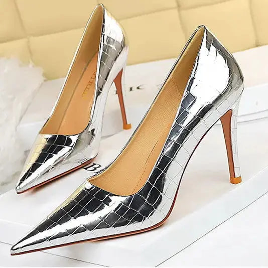Women's Sexy Pointy Toe PU Leather Black High Heels Pumps Fashion Stone Pattern Thin Heeled Office Lady Shoes My Store