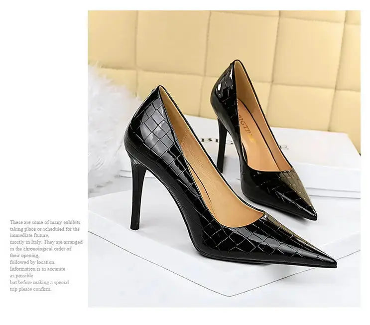 Women's Sexy Pointy Toe PU Leather Black High Heels Pumps Fashion Stone Pattern Thin Heeled Office Lady Shoes My Store
