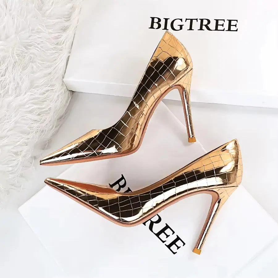 Women's Sexy Pointy Toe PU Leather Black High Heels Pumps Fashion Stone Pattern Thin Heeled Office Lady Shoes My Store
