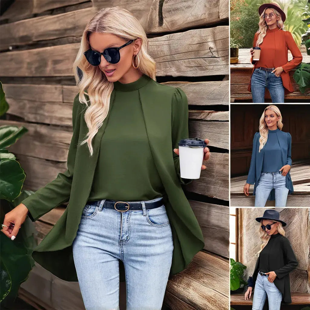 Women's Solid Color Blouses Casual Long Sleeve Crocheted Tops Stand-Up Collar Halter Breathable Plain Dyed Button My Store