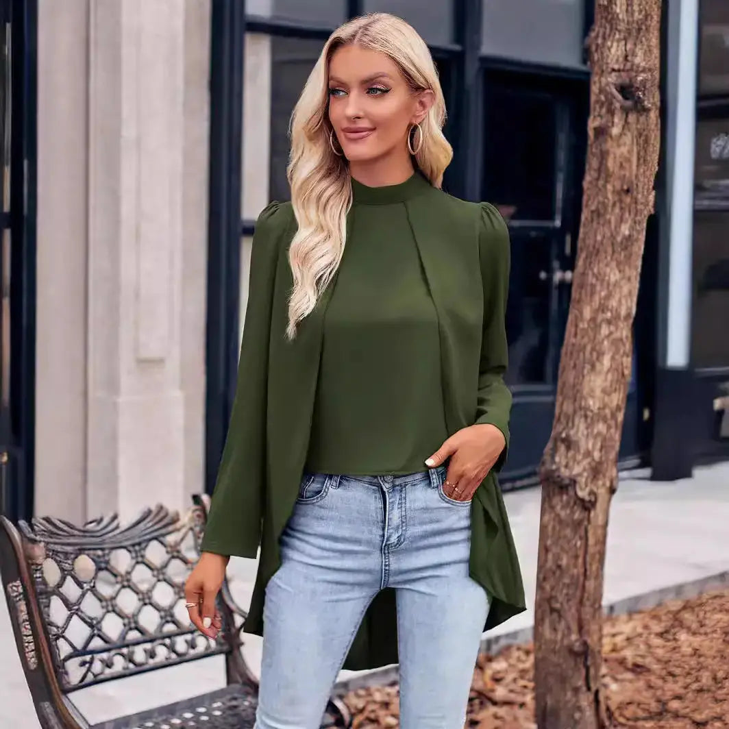 Women's Solid Color Blouses Casual Long Sleeve Crocheted Tops Stand-Up Collar Halter Breathable Plain Dyed Button My Store