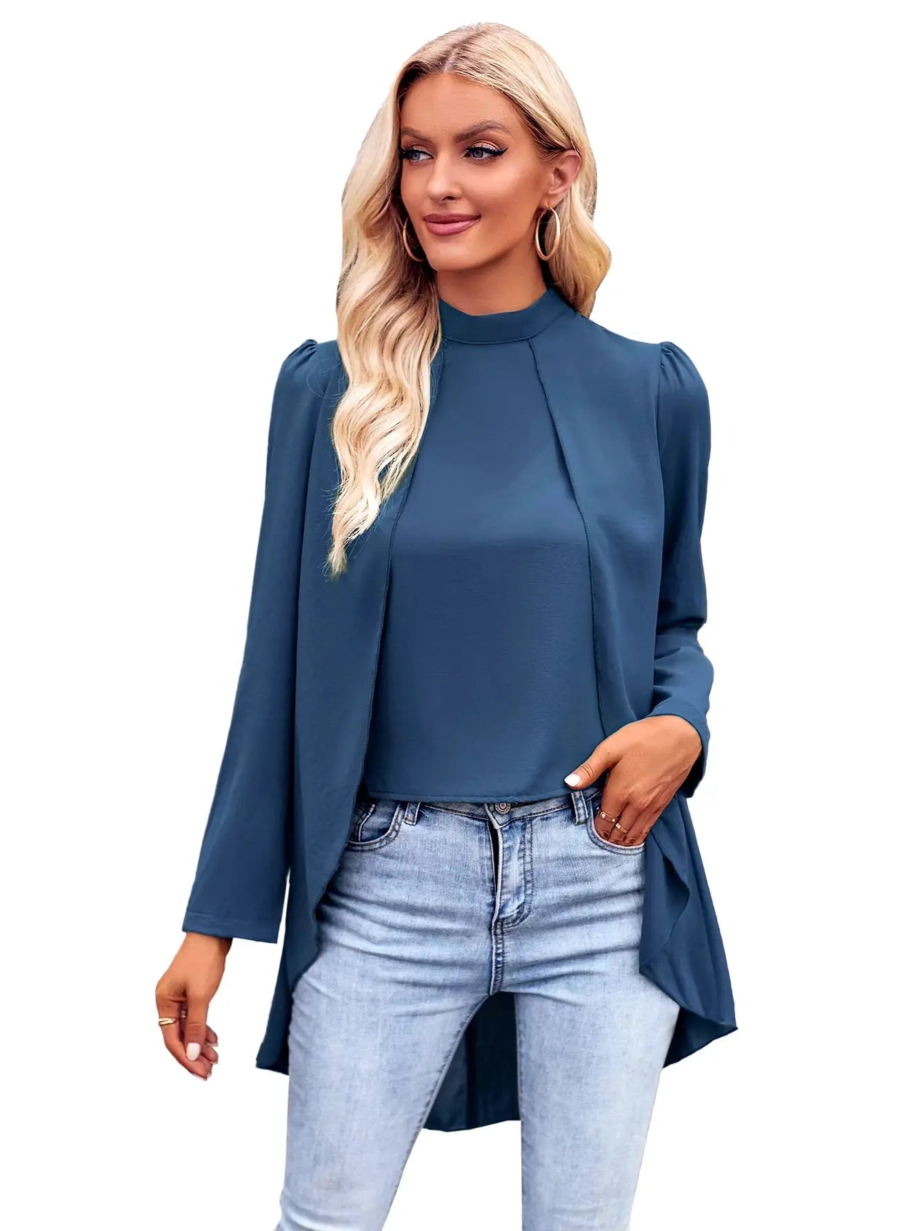 Women's Solid Color Blouses Casual Long Sleeve Crocheted Tops Stand-Up Collar Halter Breathable Plain Dyed Button My Store