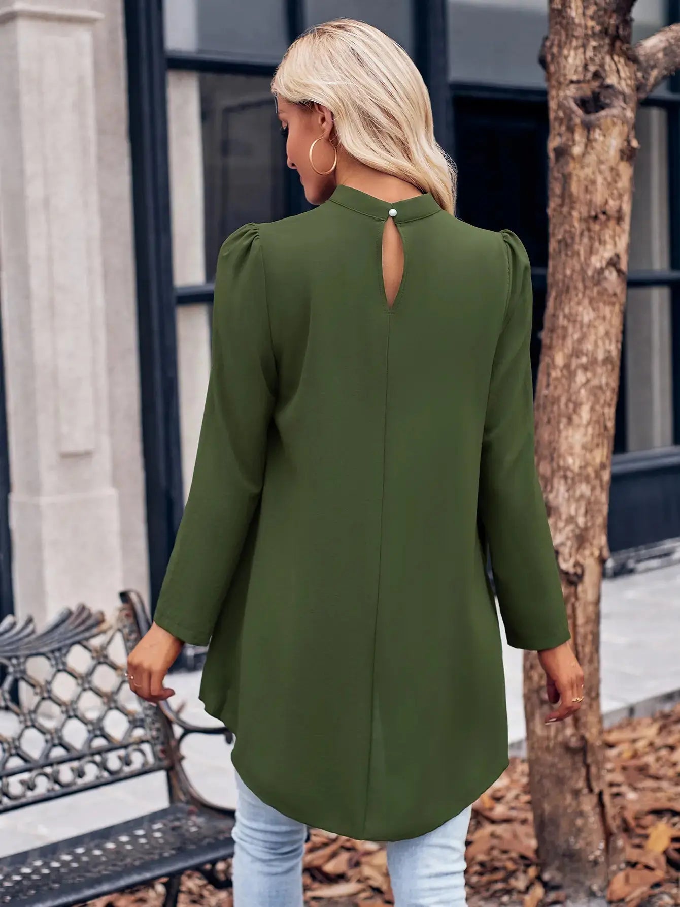 Women's Solid Color Blouses Casual Long Sleeve Crocheted Tops Stand-Up Collar Halter Breathable Plain Dyed Button My Store