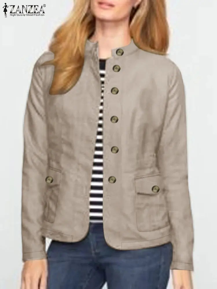 ZANZEA Women Spring Jackets Autumn Fashion Stand Collor Long Sleeve Thin Coats Casual Solid Work Outwear Loose Shirt Chaqueta Natalia Home Fashion XXXL-Khaki Natalia Home Fashion