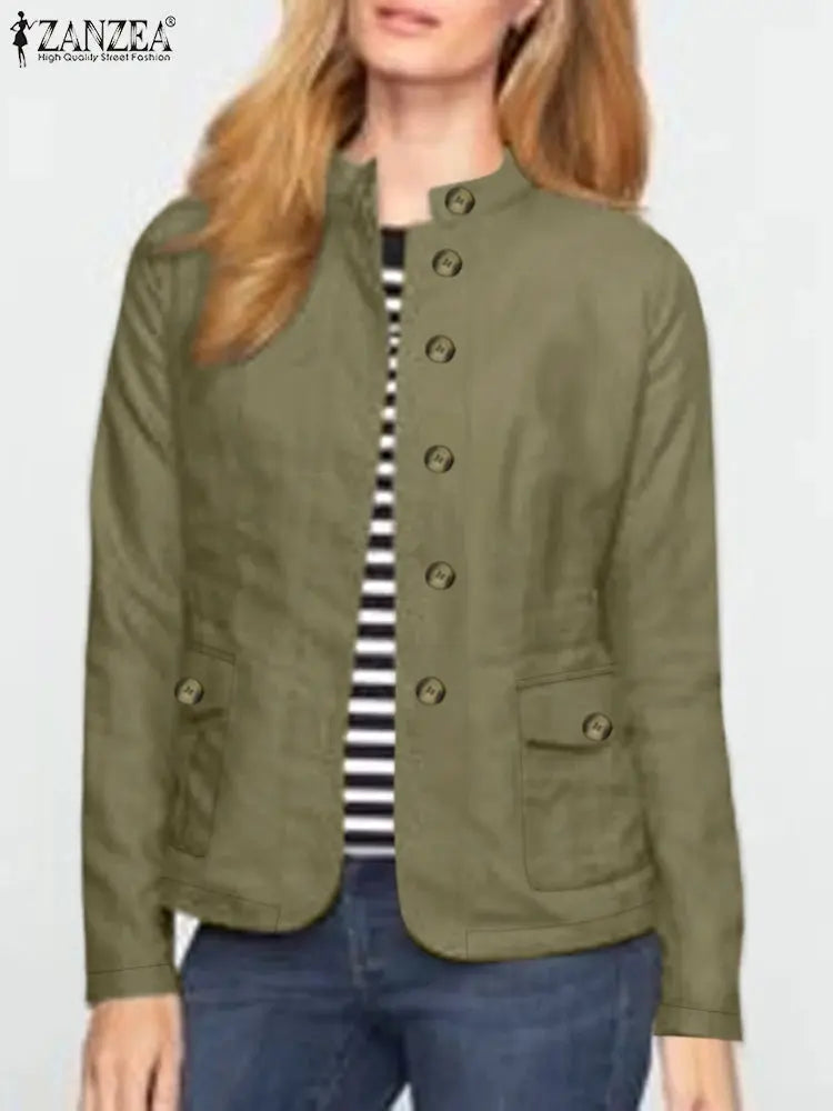 ZANZEA Women Spring Jackets Autumn Fashion Stand Collor Long Sleeve Thin Coats Casual Solid Work Outwear Loose Shirt Chaqueta Natalia Home Fashion XXXL-Dark-Green Natalia Home Fashion