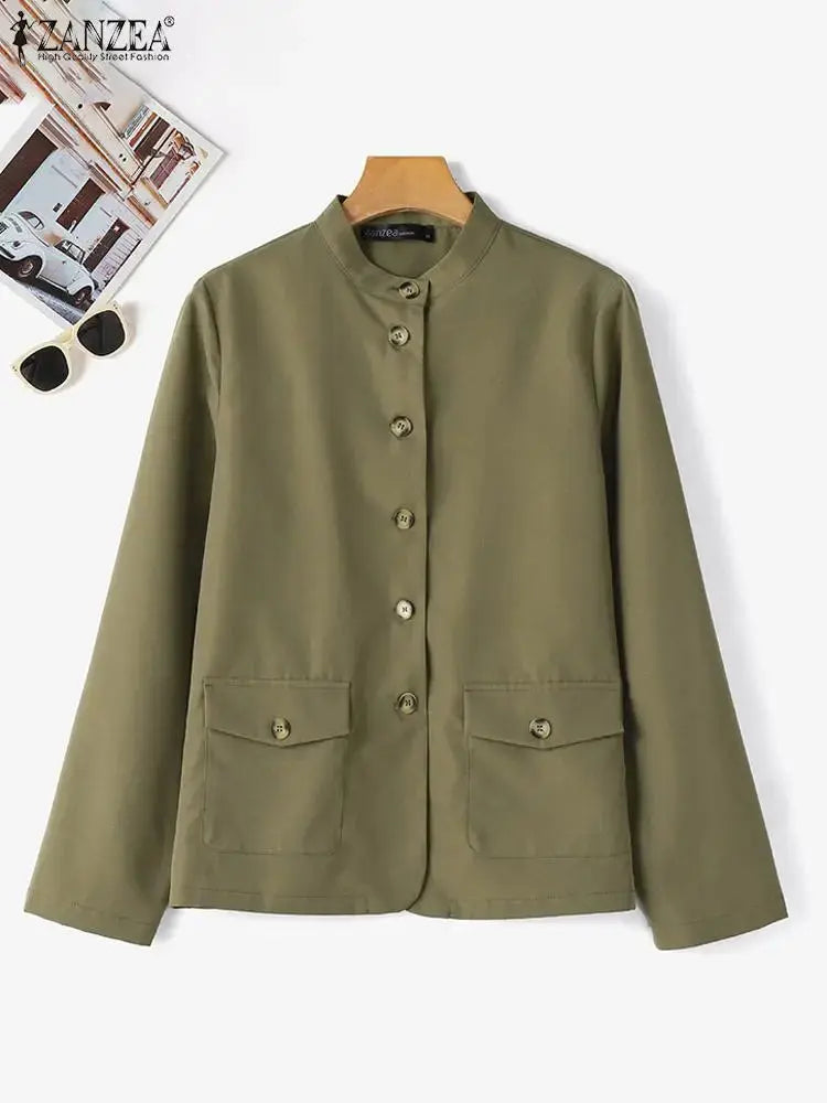 ZANZEA Women Spring Jackets Autumn Fashion Stand Collor Long Sleeve Thin Coats Casual Solid Work Outwear Loose Shirt Chaqueta Natalia Home Fashion Natalia Home Fashion