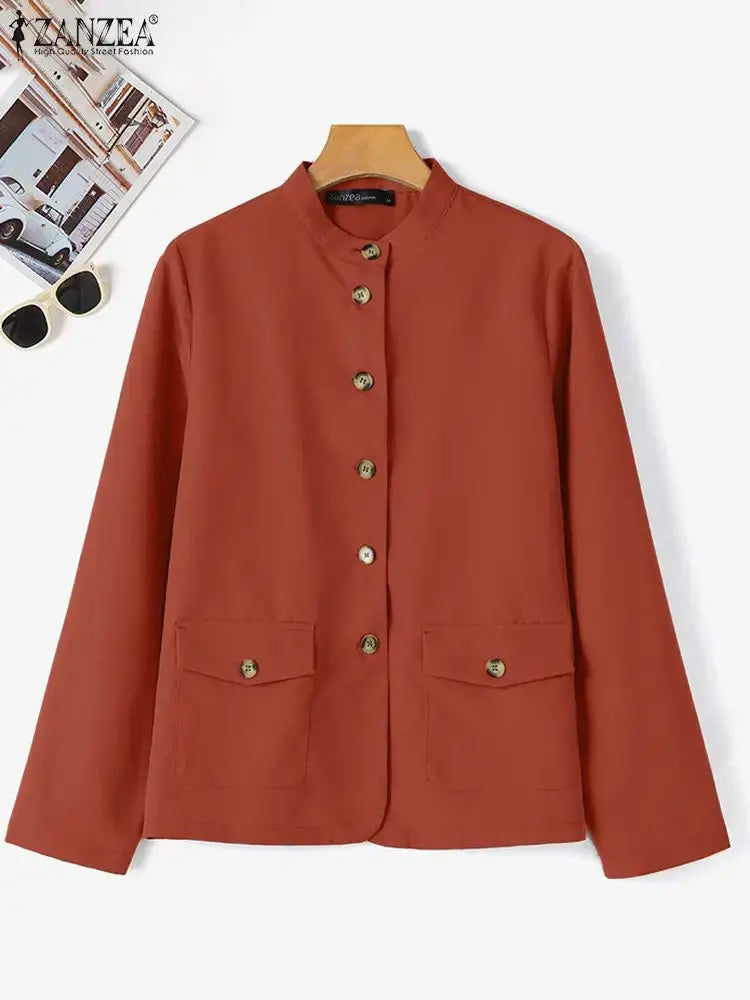 ZANZEA Women Spring Jackets Autumn Fashion Stand Collor Long Sleeve Thin Coats Casual Solid Work Outwear Loose Shirt Chaqueta Natalia Home Fashion Natalia Home Fashion