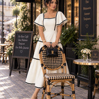 Women's Vintage Square Neck Flutter Sleeve Dress Summer Black Scallop Trim Tiered Ruffle Long Casual Vacation A-line Natalia Home Fashion    Natalia Home Fashion