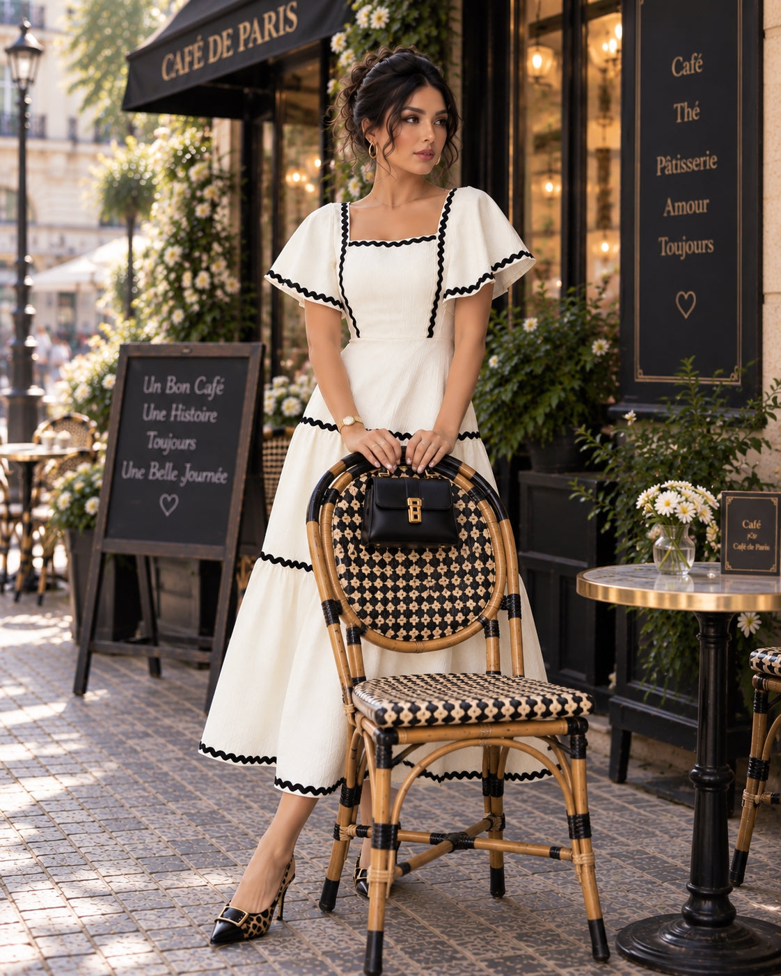 Women's Vintage Square Neck Flutter Sleeve Dress Summer Black Scallop Trim Tiered Ruffle Long Casual Vacation A-line Natalia Home Fashion    Natalia Home Fashion