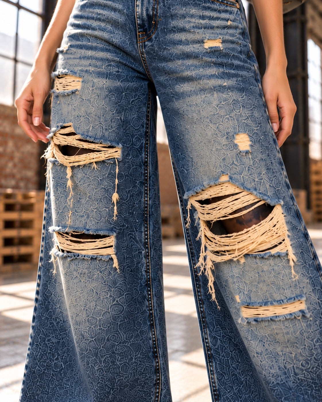 Irregular Hole Vintage Jeans Women Distressed Washed Wide Leg Loose Denim Pants Natalia Home Fashion    Natalia Home Fashion