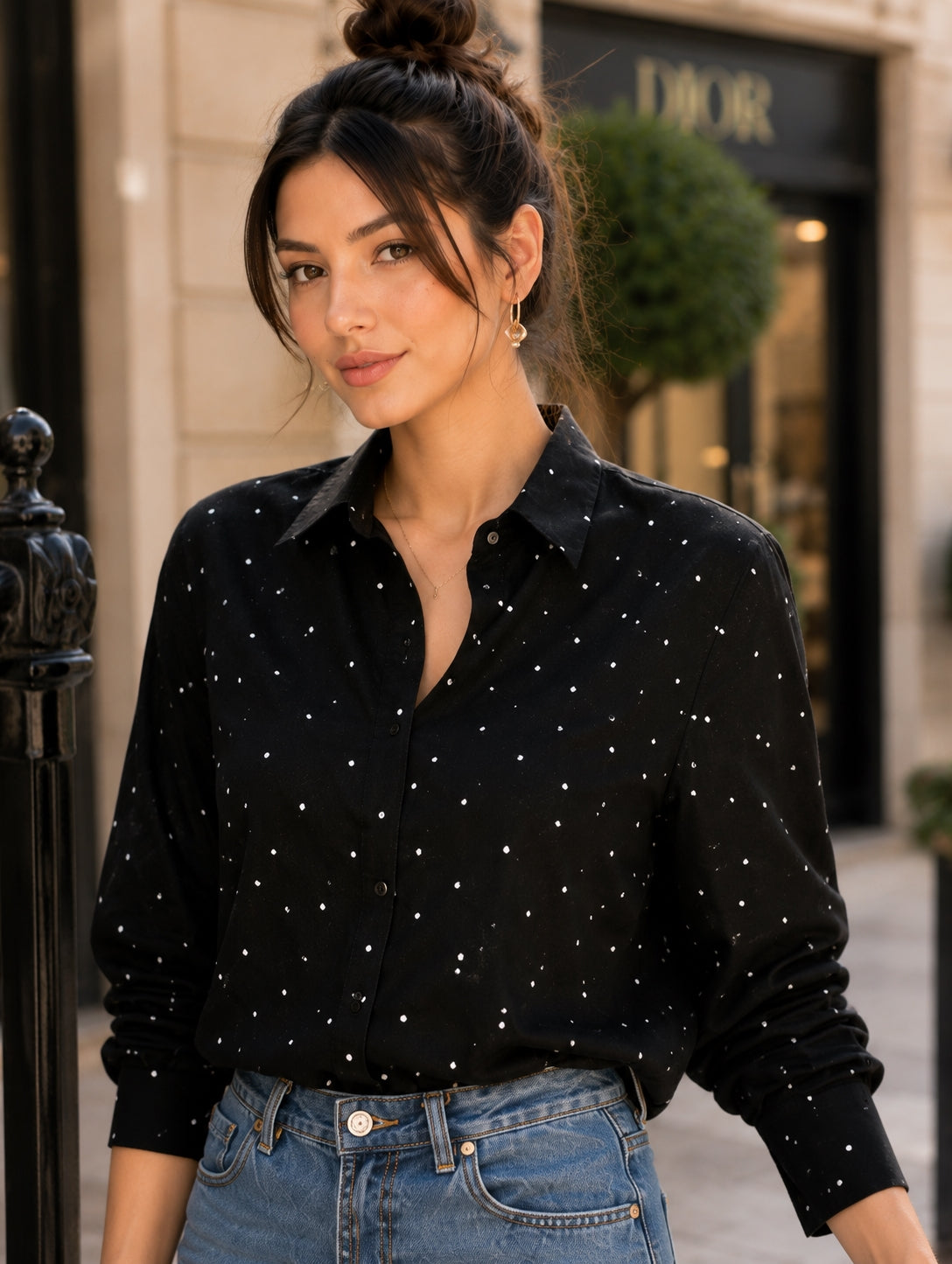 Chic Polka Dot Long Sleeve Shirt Women's Turn-down Collar French Style Simple Design Spring Summer New Arrival