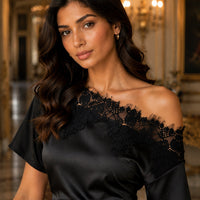 Elegant temperament women's top with lace splicing, sloping collar, waist cinching, solid color, irregular short sleeved top Natalia Home Fashion    Natalia Home Fashion