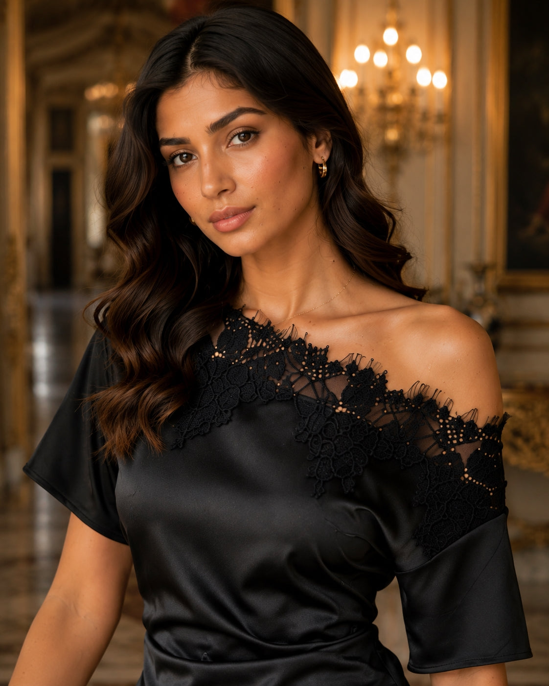 Elegant temperament women's top with lace splicing, sloping collar, waist cinching, solid color, irregular short sleeved top Natalia Home Fashion    Natalia Home Fashion