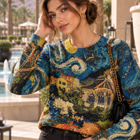 Women's Van Gogh Starry Night Oil Painting Print Oversized Knit Sweater Casual Streetwear Long Sleeve Crewneck Pullover Top Natalia Home Fashion    Natalia Home Fashion