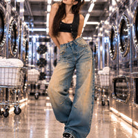 Washed High Street Straight Leg Cuffed Jeans Women Loose Casual Pants High Waist Vintage Graffiti Jeans Natalia Home Fashion    Natalia Home Fashion